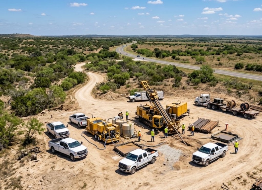 Directional drilling in Flagstaff, AZ — aerial view of directional drilling spread above Sonoran Desert pumpjack rows in southeast Arizona