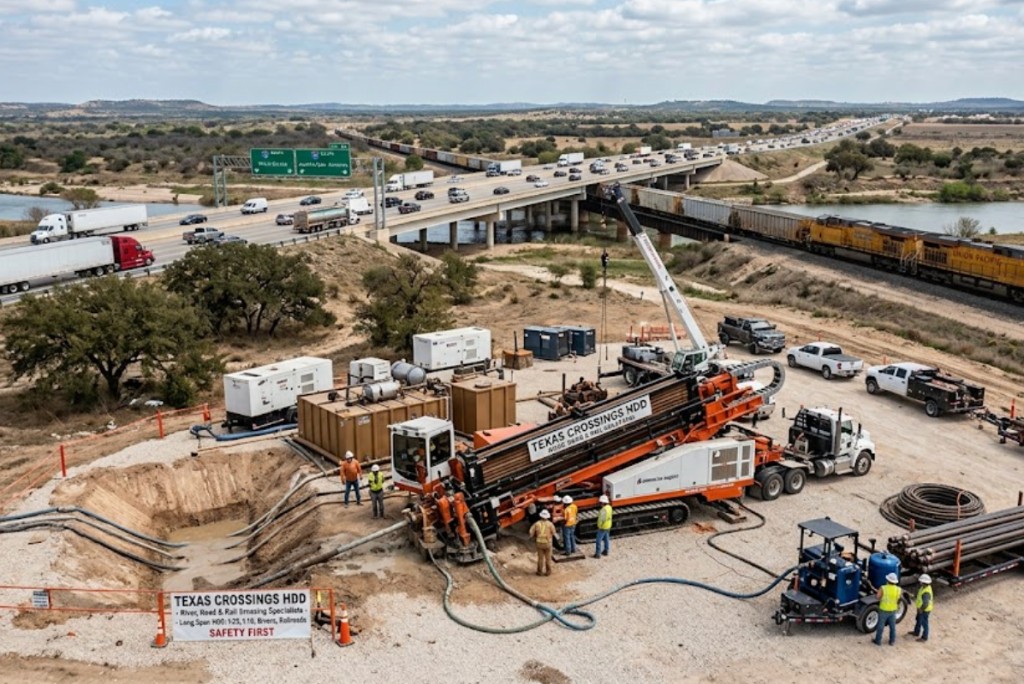 Aerial view of dual HDD rigs at a Salt River crossing with UP rail and I-25 in the Albuquerque corridor